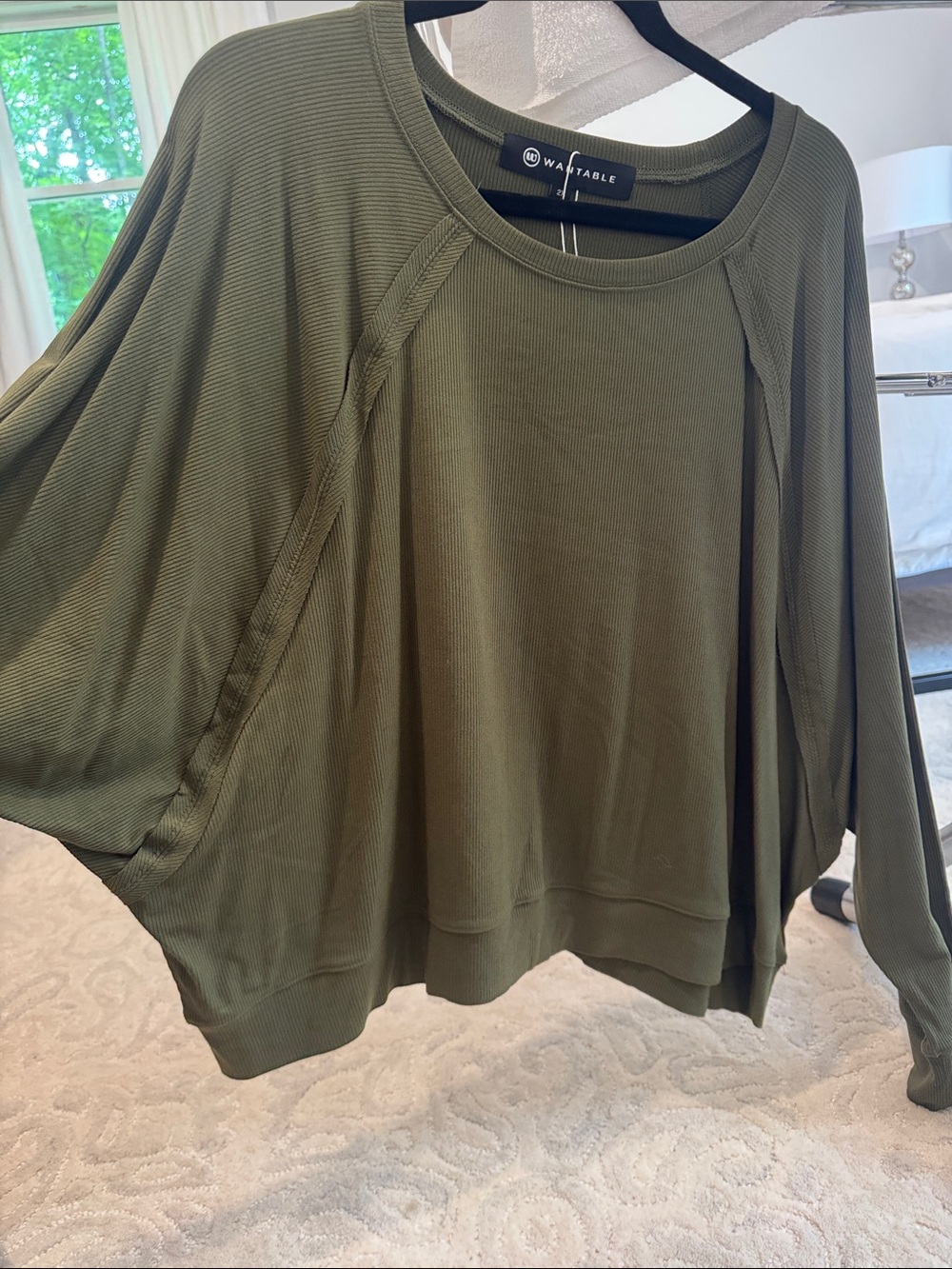 Waffable Olive Ribbed Dolman Pullover Sweatshirt